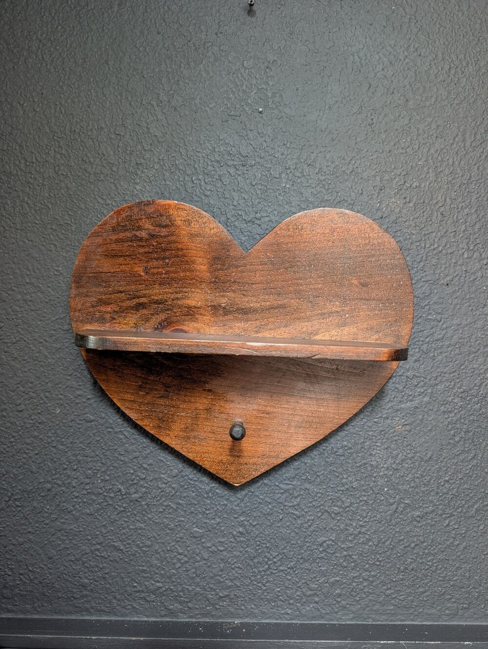 Vintage Walnut Color wooden heart-shaped wall shelf, small display ledge